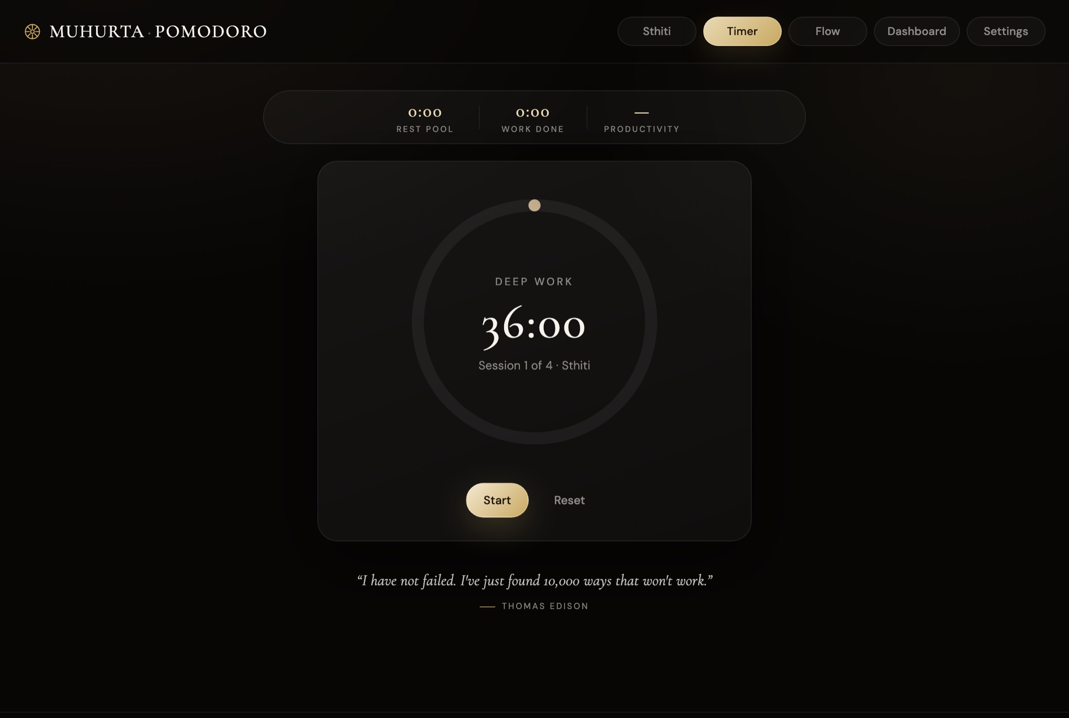 The Muhurta Pomodoro timer: a 36-minute deep work session, ready to start
